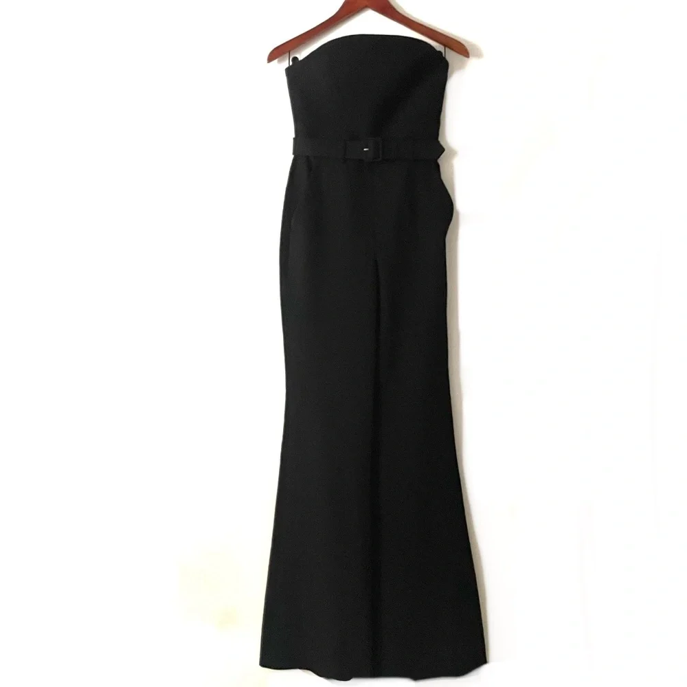ALC Strapless Apron Front Black Tailored Belted Widish Leg Jumpsuit - Picture 7 of 16
